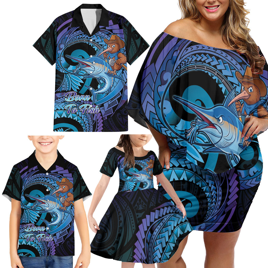 Personalised Blue Marlin Fishing New Zealand Family Matching Off Shoulder Short Dress and Hawaiian Shirt NZ Kiwi Cowboy Born To Fish LT14 - Polynesian Pride