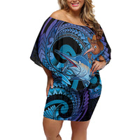Personalised Blue Marlin Fishing New Zealand Family Matching Off Shoulder Short Dress and Hawaiian Shirt NZ Kiwi Cowboy Born To Fish LT14 Mom's Dress Purple - Polynesian Pride