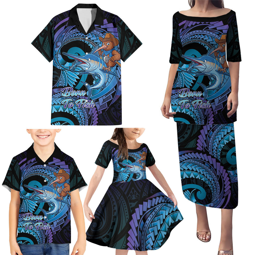 Personalised Blue Marlin Fishing New Zealand Family Matching Puletasi and Hawaiian Shirt NZ Kiwi Cowboy Born To Fish LT14 - Polynesian Pride