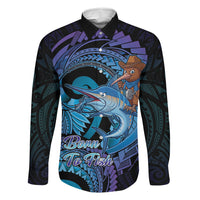 Personalised Blue Marlin Fishing New Zealand Family Matching Puletasi and Hawaiian Shirt NZ Kiwi Cowboy Born To Fish LT14 Dad's Shirt - Long Sleeve Purple - Polynesian Pride