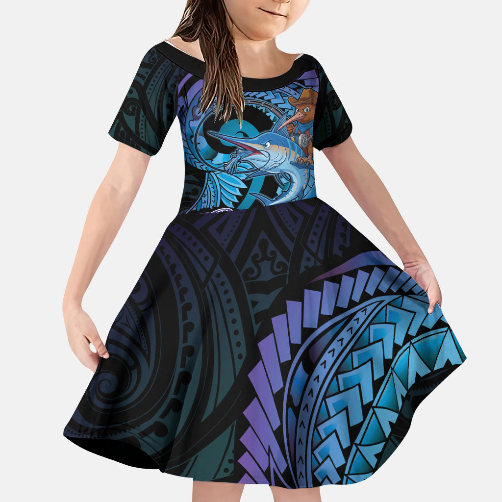 Personalised Blue Marlin Fishing New Zealand Family Matching Tank Maxi Dress and Hawaiian Shirt NZ Kiwi Cowboy Born To Fish LT14 Daughter's Dress Purple - Polynesian Pride