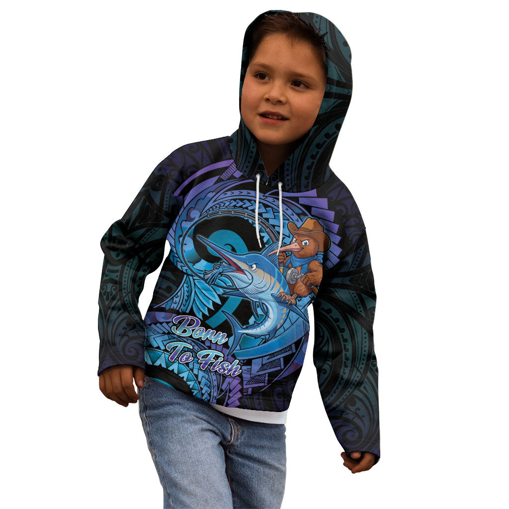 Personalised Blue Marlin Fishing New Zealand Kid Hoodie NZ Kiwi Cowboy Born To Fish LT14 - Polynesian Pride