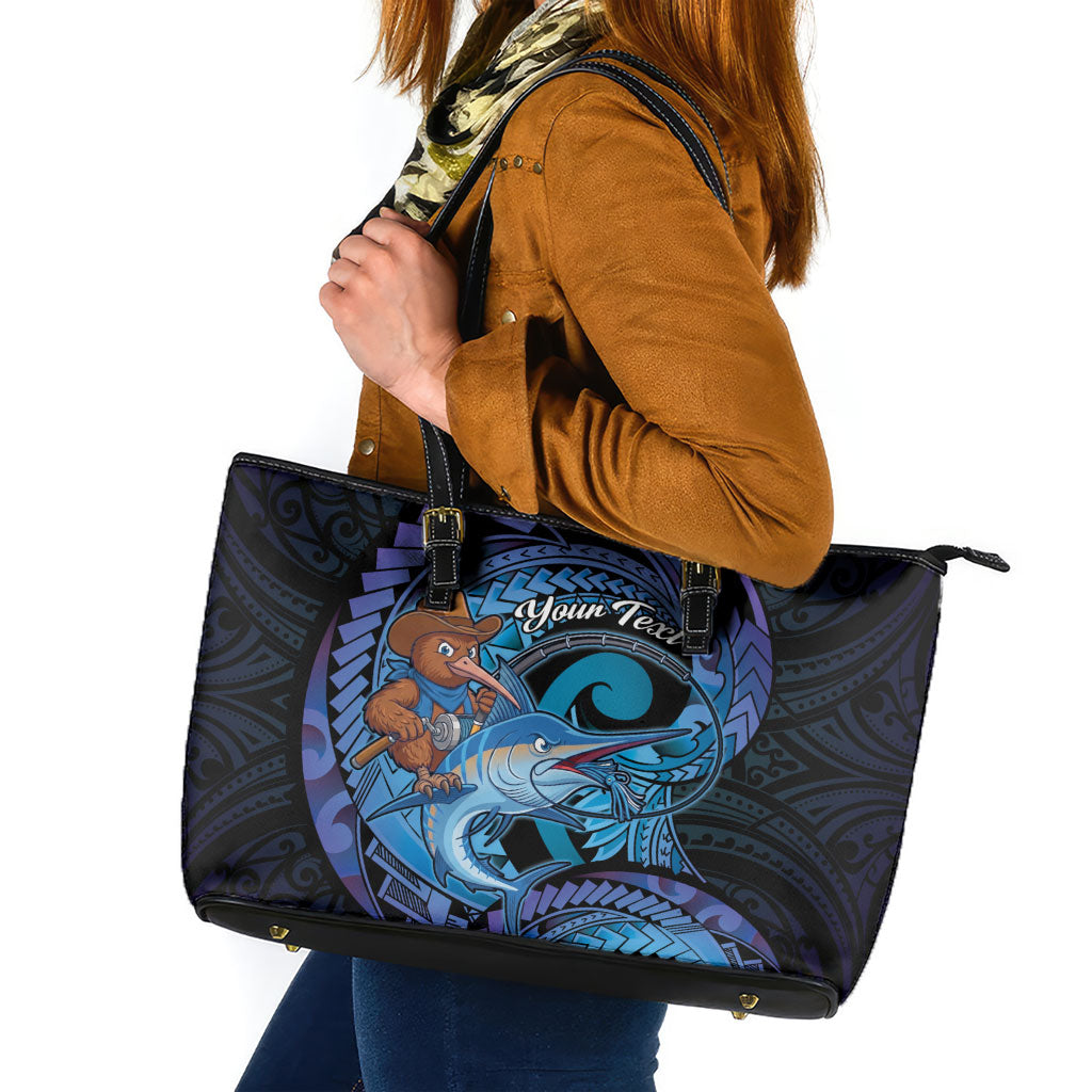 Personalised Blue Marlin Fishing New Zealand Leather Tote Bag NZ Kiwi Cowboy Born To Fish