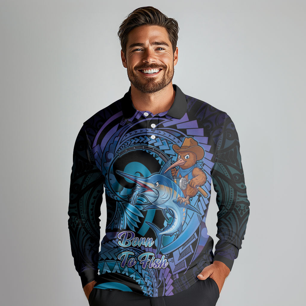 Personalised Blue Marlin Fishing New Zealand Long Sleeve Polo Shirt NZ Kiwi Cowboy Born To Fish LT14 - Polynesian Pride