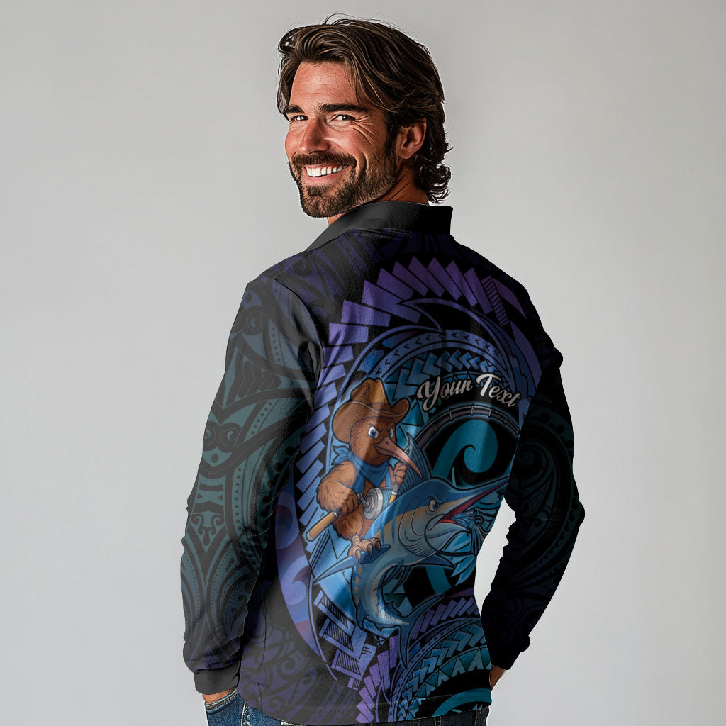 Personalised Blue Marlin Fishing New Zealand Long Sleeve Polo Shirt NZ Kiwi Cowboy Born To Fish LT14 - Polynesian Pride