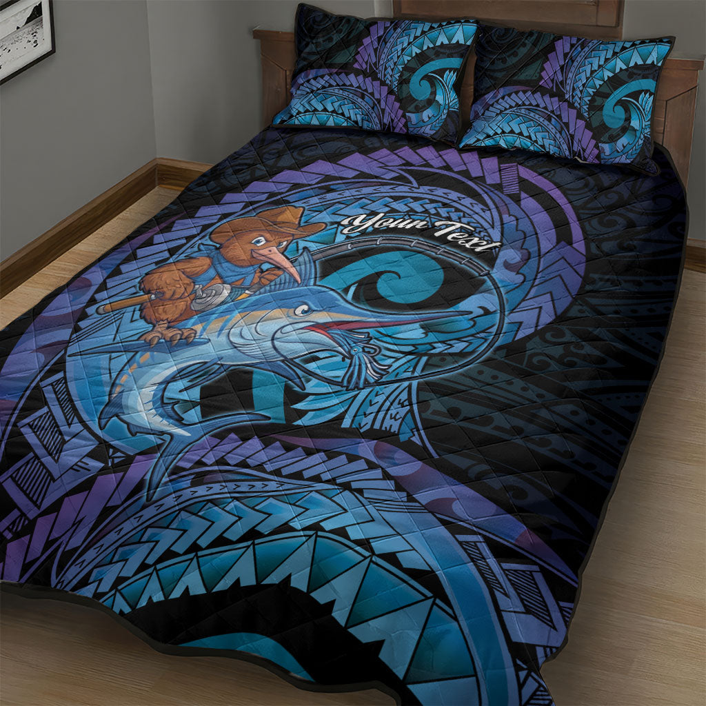 Personalised Blue Marlin Fishing New Zealand Quilt Bed Set NZ Kiwi Cowboy Born To Fish