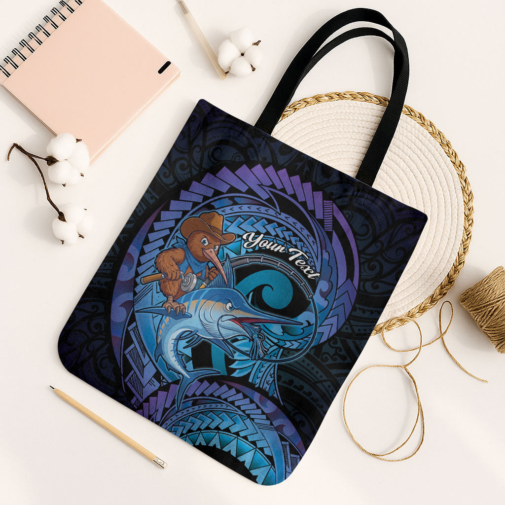 Personalised Blue Marlin Fishing New Zealand Tote Bag NZ Kiwi Cowboy Born To Fish LT14 Black Strap One Size Purple - Polynesian Pride