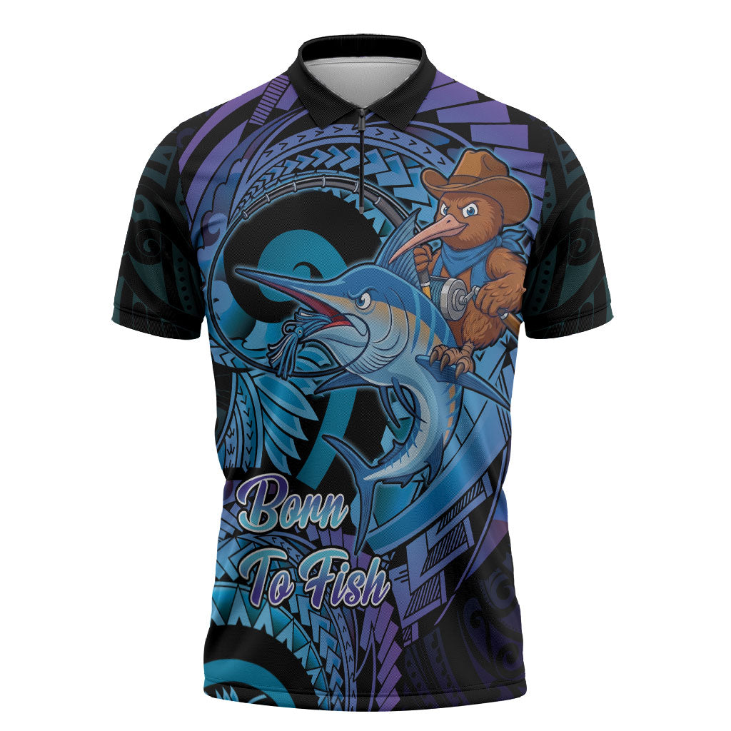 Personalised Blue Marlin Fishing New Zealand Zipper Polo Shirt NZ Kiwi Cowboy Born To Fish LT14 Purple - Polynesian Pride