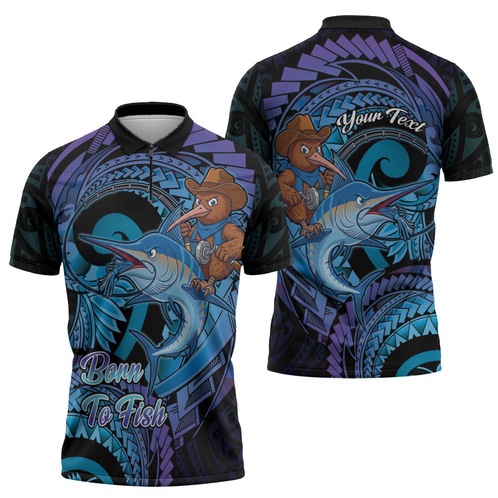 Personalised Blue Marlin Fishing New Zealand Zipper Polo Shirt NZ Kiwi Cowboy Born To Fish LT14 - Polynesian Pride