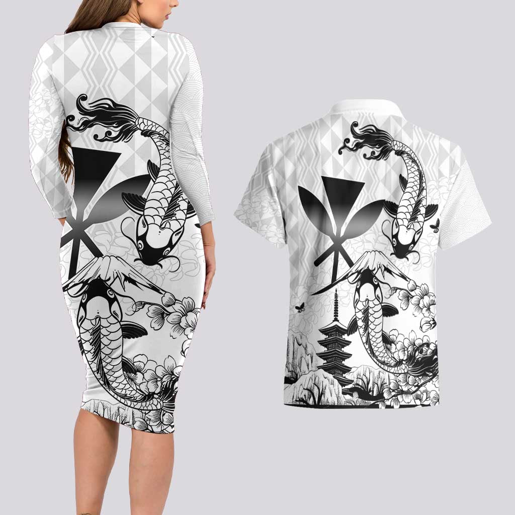 Japan And Hawaii Couples Matching Long Sleeve Bodycon Dress and Hawaiian Shirt Sakura Koi Fish Hawaiian Lei Kanaka LT14 - Polynesian Pride