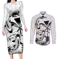 Japan And Hawaii Couples Matching Long Sleeve Bodycon Dress and Long Sleeve Button Shirt Sakura Koi Fish Hawaiian Lei Kanaka LT14 White - Polynesian Pride