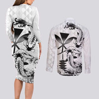 Japan And Hawaii Couples Matching Long Sleeve Bodycon Dress and Long Sleeve Button Shirt Sakura Koi Fish Hawaiian Lei Kanaka LT14 - Polynesian Pride