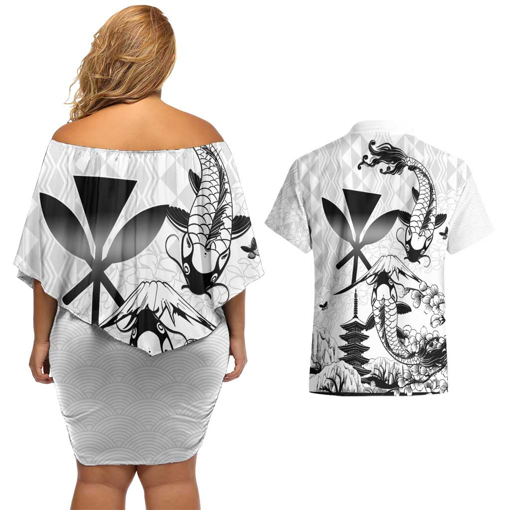 Japan And Hawaii Couples Matching Off Shoulder Short Dress and Hawaiian Shirt Sakura Koi Fish Hawaiian Lei Kanaka LT14 - Polynesian Pride