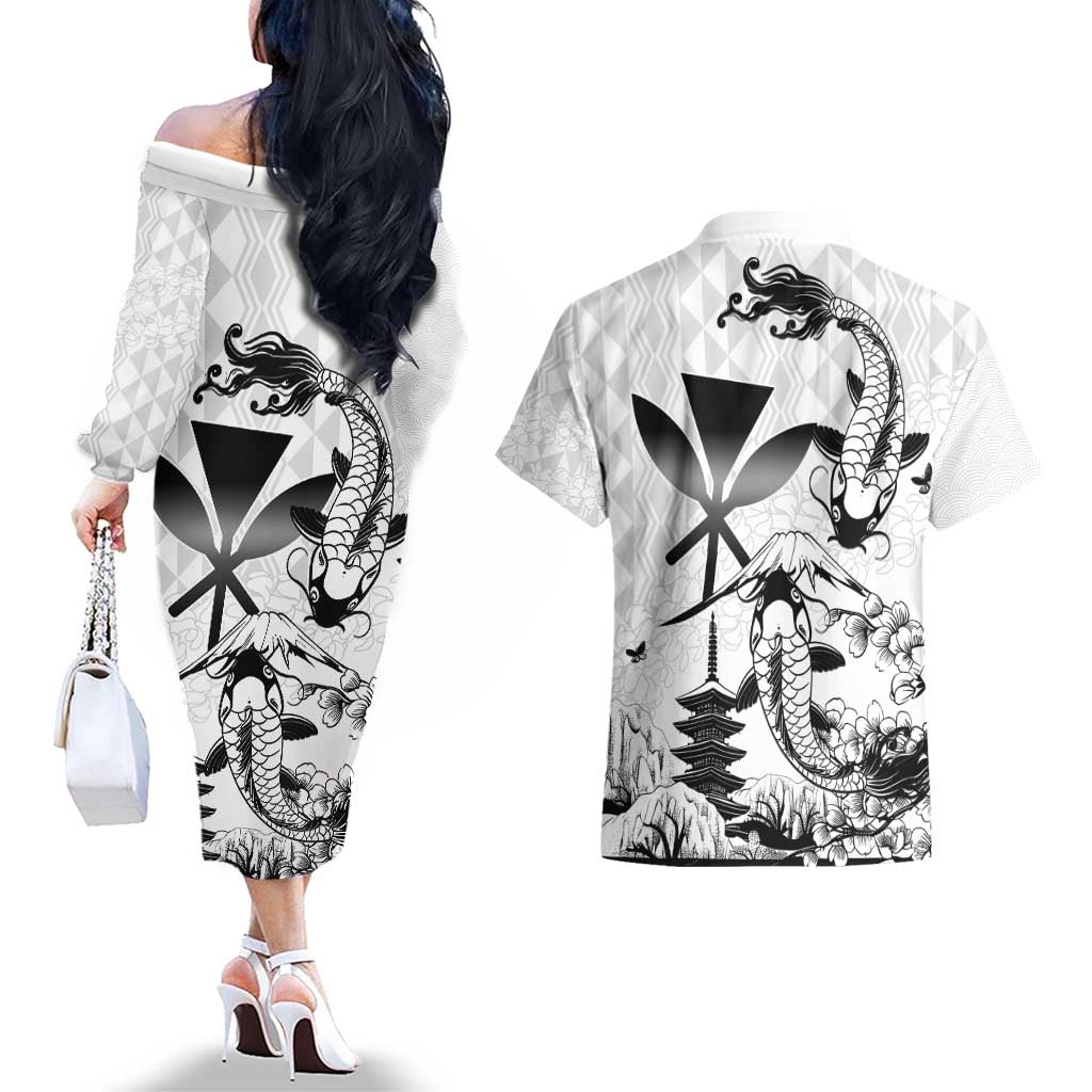 Japan And Hawaii Couples Matching Off The Shoulder Long Sleeve Dress and Hawaiian Shirt Sakura Koi Fish Hawaiian Lei Kanaka - Polynesian Pride