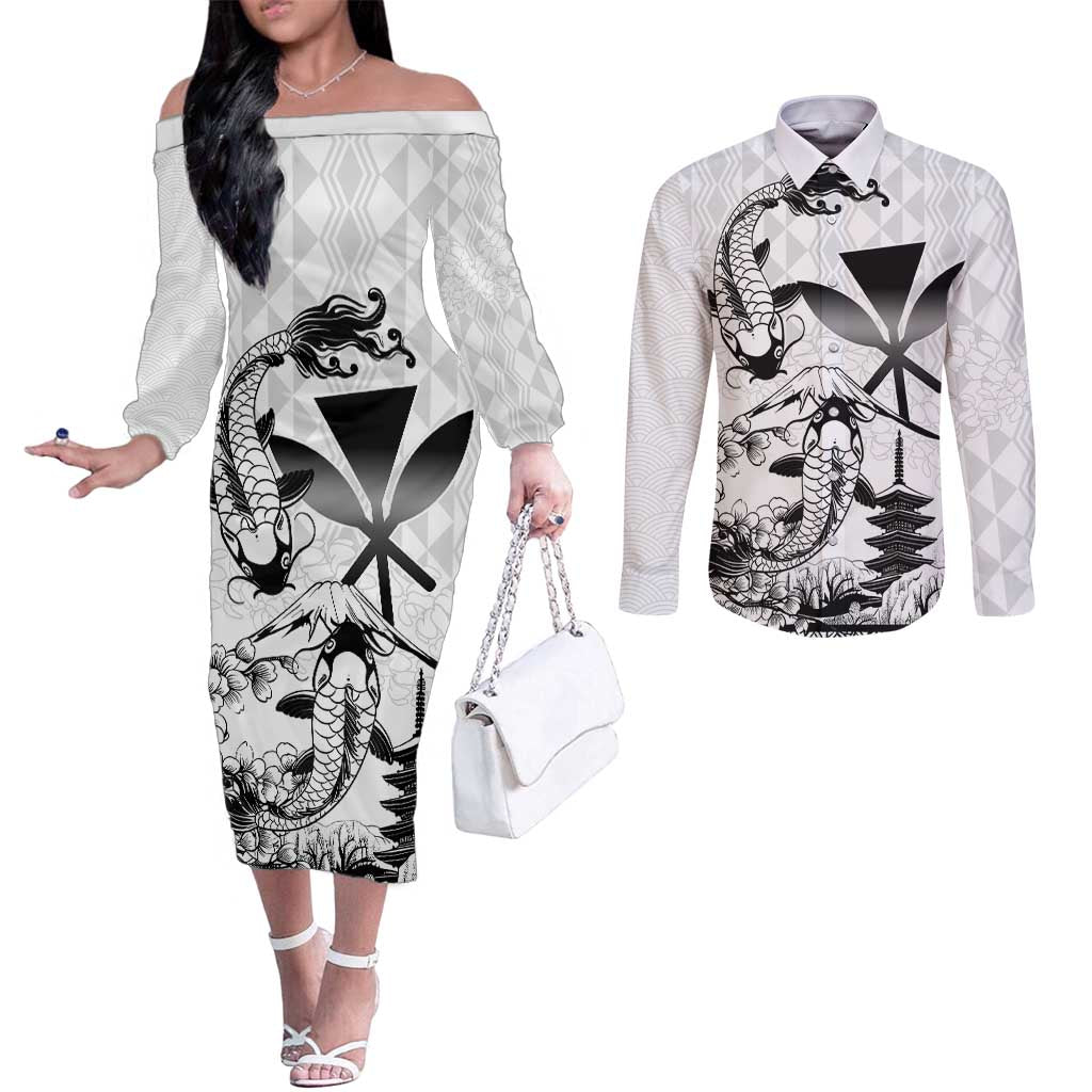 Japan And Hawaii Couples Matching Off The Shoulder Long Sleeve Dress and Long Sleeve Button Shirt Sakura Koi Fish Hawaiian Lei Kanaka LT14 White - Polynesian Pride