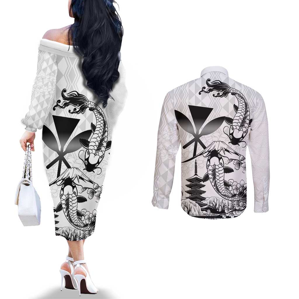 Japan And Hawaii Couples Matching Off The Shoulder Long Sleeve Dress and Long Sleeve Button Shirt Sakura Koi Fish Hawaiian Lei Kanaka LT14 - Polynesian Pride