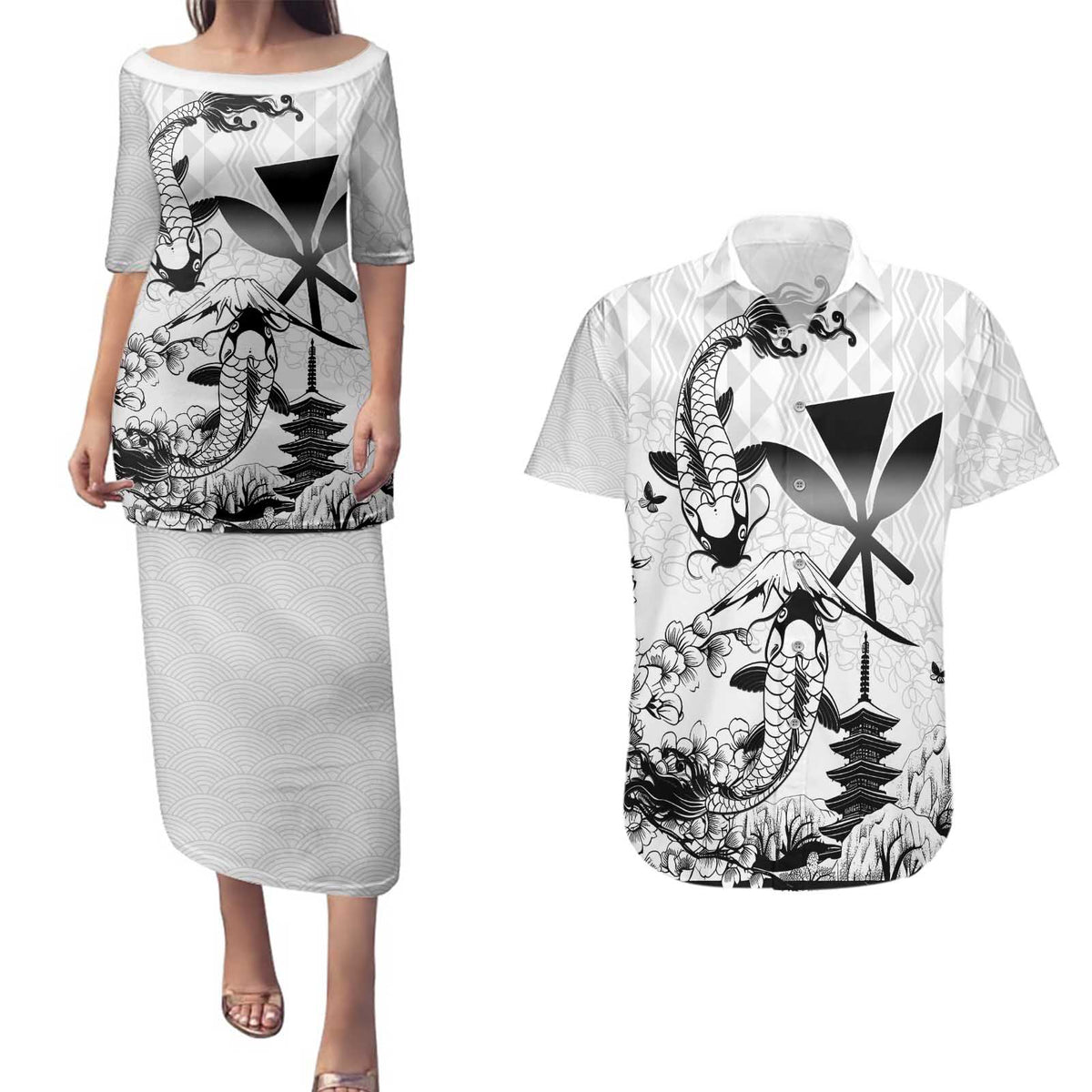 Japan And Hawaii Couples Matching Puletasi and Hawaiian Shirt Sakura Koi Fish Hawaiian Lei Kanaka - Polynesian Pride