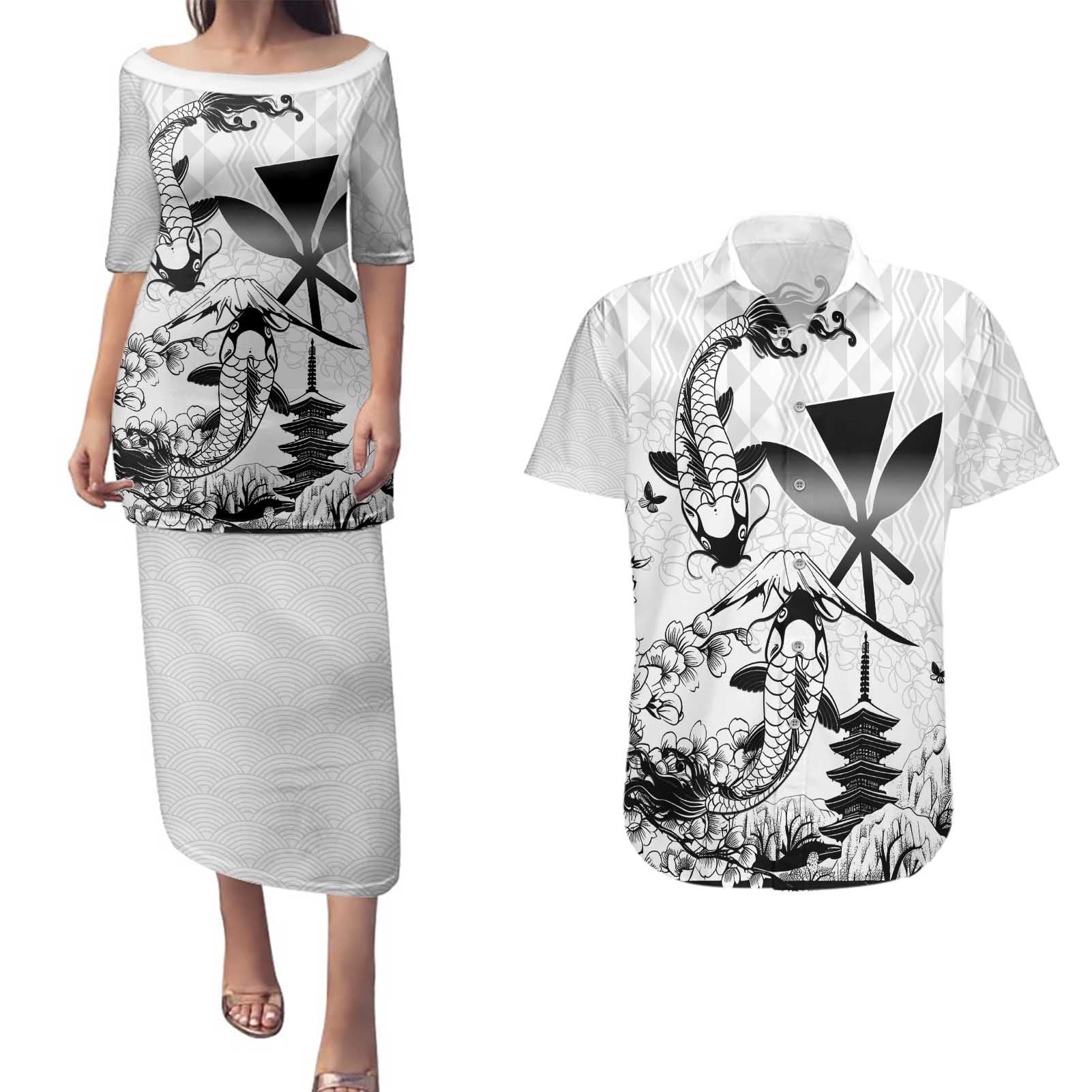 Japan And Hawaii Couples Matching Puletasi and Hawaiian Shirt Sakura Koi Fish Hawaiian Lei Kanaka - Polynesian Pride