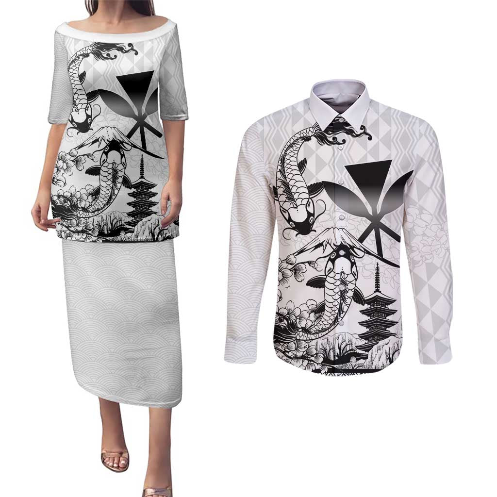 Japan And Hawaii Couples Matching Puletasi and Long Sleeve Button Shirt Sakura Koi Fish Hawaiian Lei Kanaka - Polynesian Pride