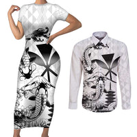 Japan And Hawaii Couples Matching Short Sleeve Bodycon Dress and Long Sleeve Button Shirt Sakura Koi Fish Hawaiian Lei Kanaka LT14 White - Polynesian Pride