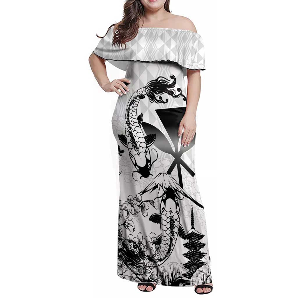 Japan And Hawaii Family Matching Off Shoulder Maxi Dress and Hawaiian Shirt Sakura Koi Fish Hawaiian Lei Kanaka LT14 Mom's Dress White - Polynesian Pride