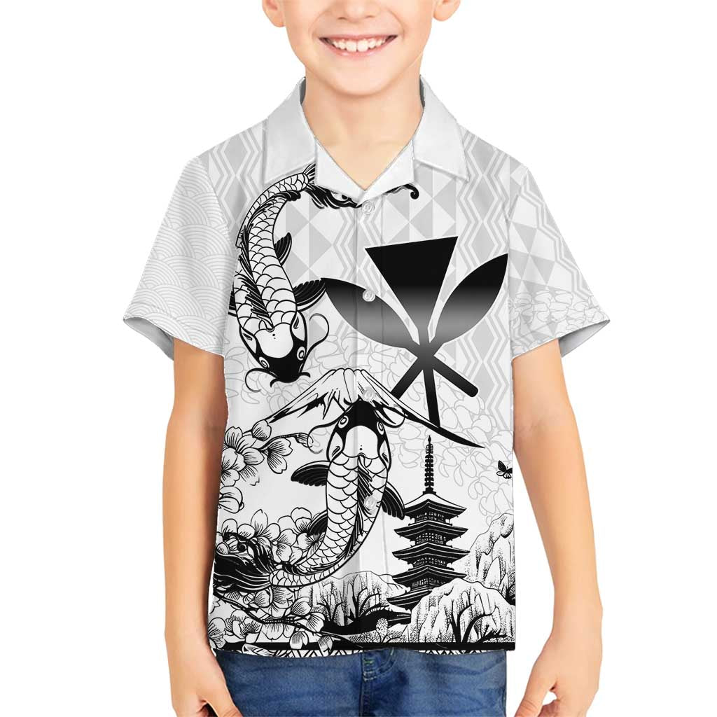 Japan And Hawaii Family Matching Off Shoulder Short Dress and Hawaiian Shirt Sakura Koi Fish Hawaiian Lei Kanaka LT14 Son's Shirt White - Polynesian Pride