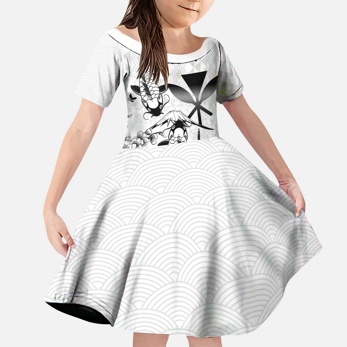 Japan And Hawaii Kid Short Sleeve Dress Sakura Koi Fish Hawaiian Lei Kanaka - Polynesian Pride