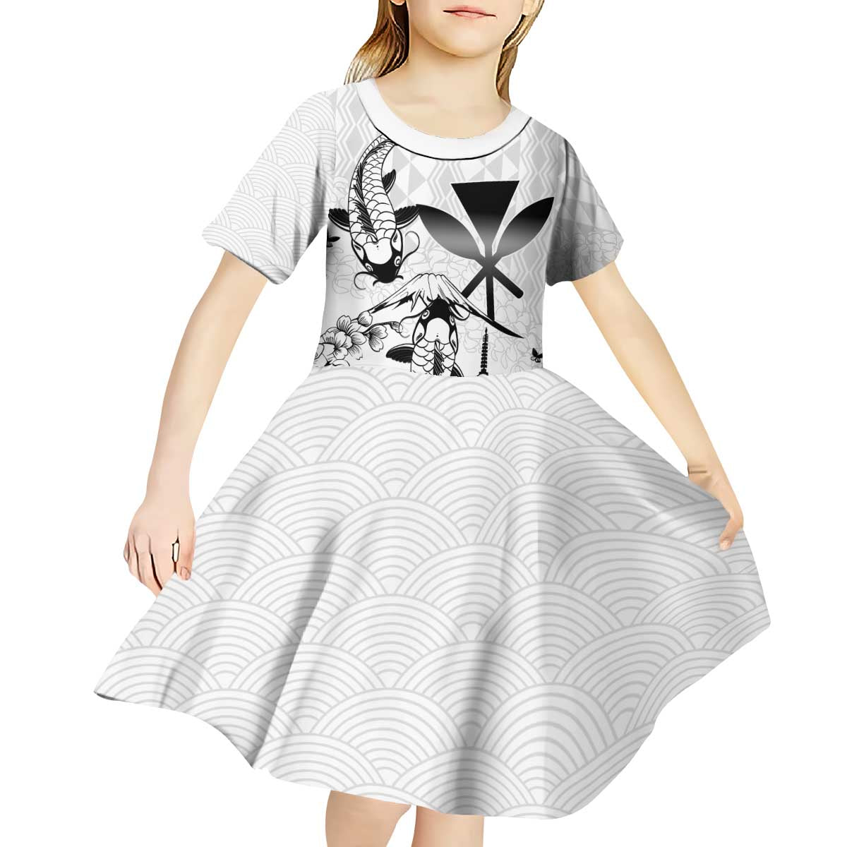 Japan And Hawaii Kid Short Sleeve Dress Sakura Koi Fish Hawaiian Lei Kanaka - Polynesian Pride