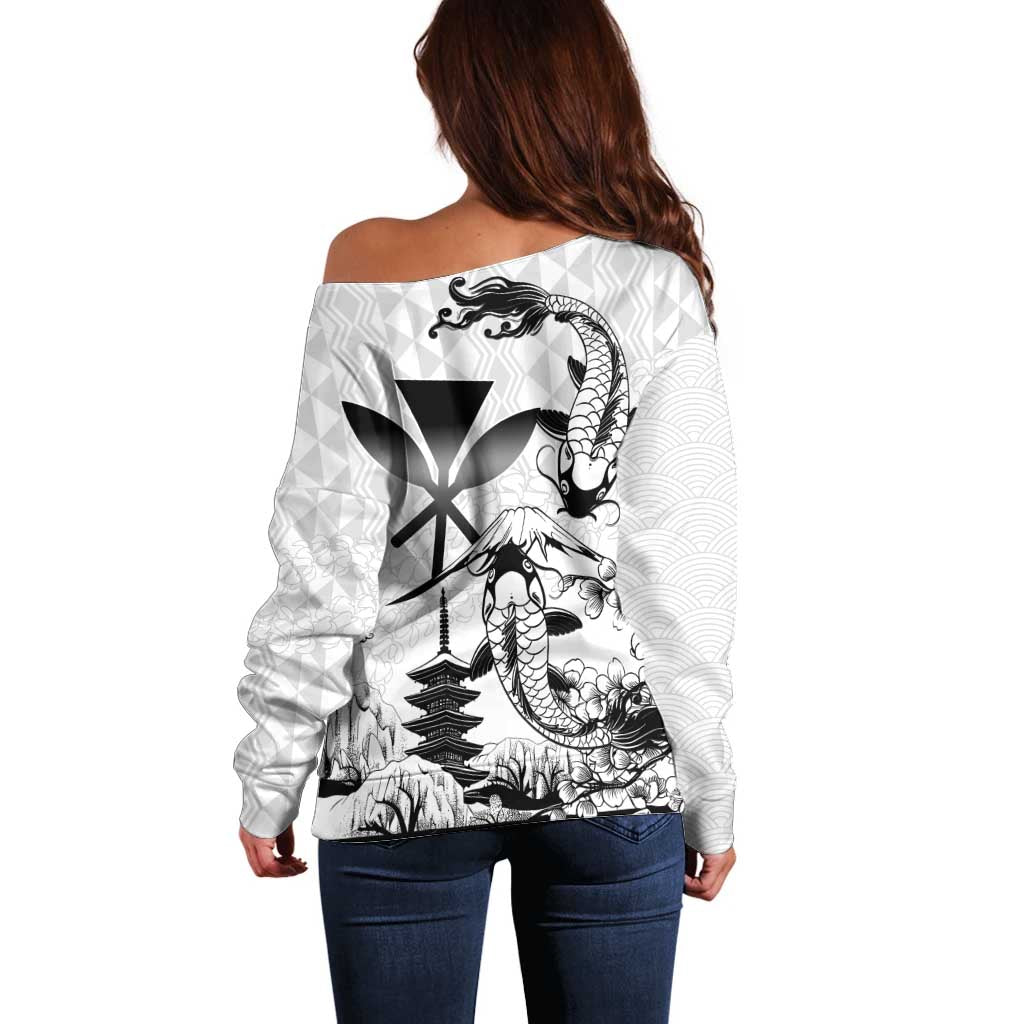 Japan And Hawaii Off Shoulder Sweater Sakura Koi Fish Hawaiian Lei Kanaka - Polynesian Pride