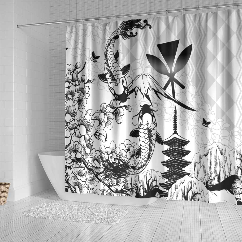 Japan And Hawaii Shower Curtain Sakura Koi Fish Hawaiian Lei Kanaka - Polynesian Pride