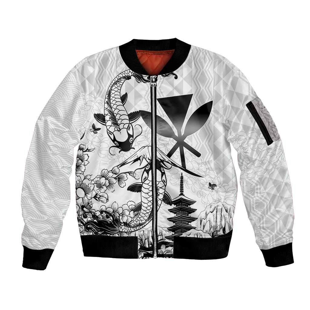 Japan And Hawaii Sleeve Zip Bomber Jacket Sakura Koi Fish Hawaiian Lei Kanaka LT14 Unisex White - Polynesian Pride