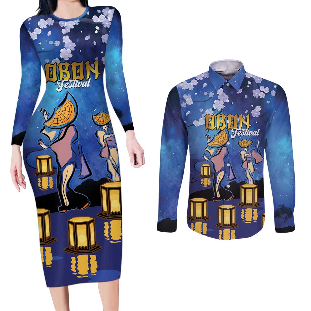 Japan Obon Festival Couples Matching Long Sleeve Bodycon Dress and Long Sleeve Button Shirt Sakura Lanterns With Bon Dance - Polynesian Pride