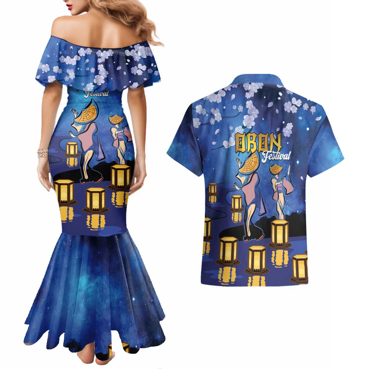 Japan Obon Festival Couples Matching Mermaid Dress and Hawaiian Shirt Sakura Lanterns With Bon Dance LT14 - Polynesian Pride