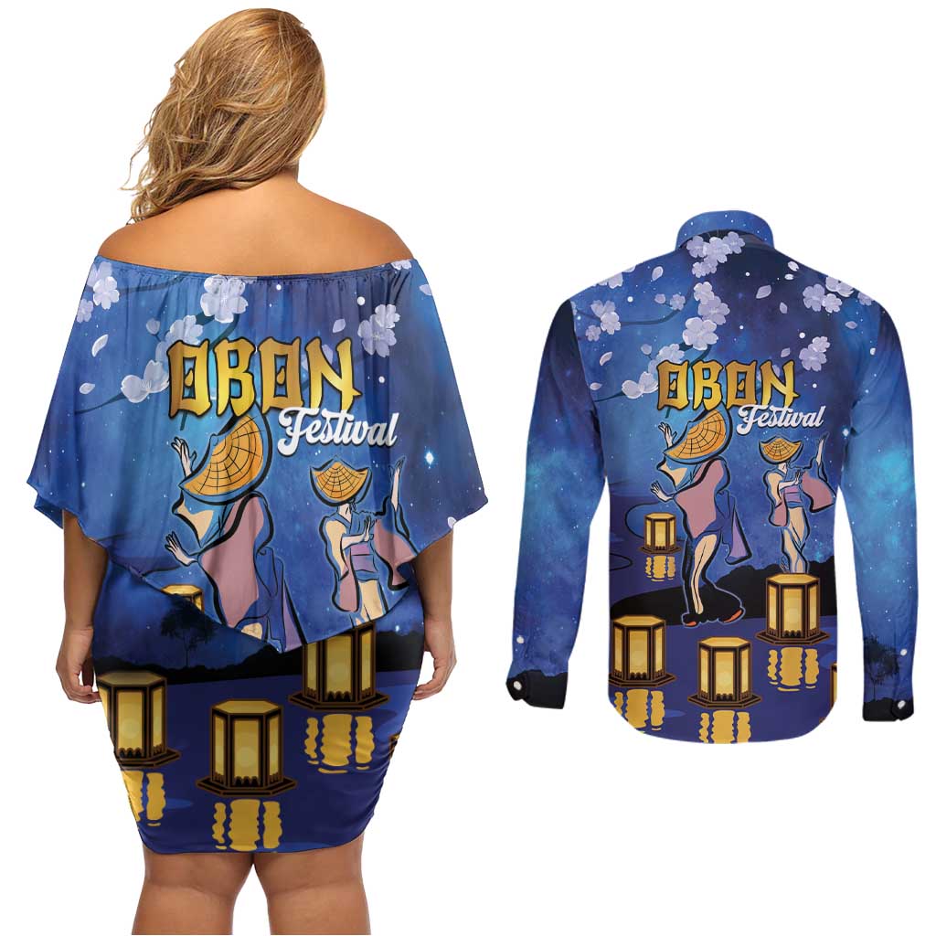 Japan Obon Festival Couples Matching Off Shoulder Short Dress and Long Sleeve Button Shirt Sakura Lanterns With Bon Dance - Polynesian Pride