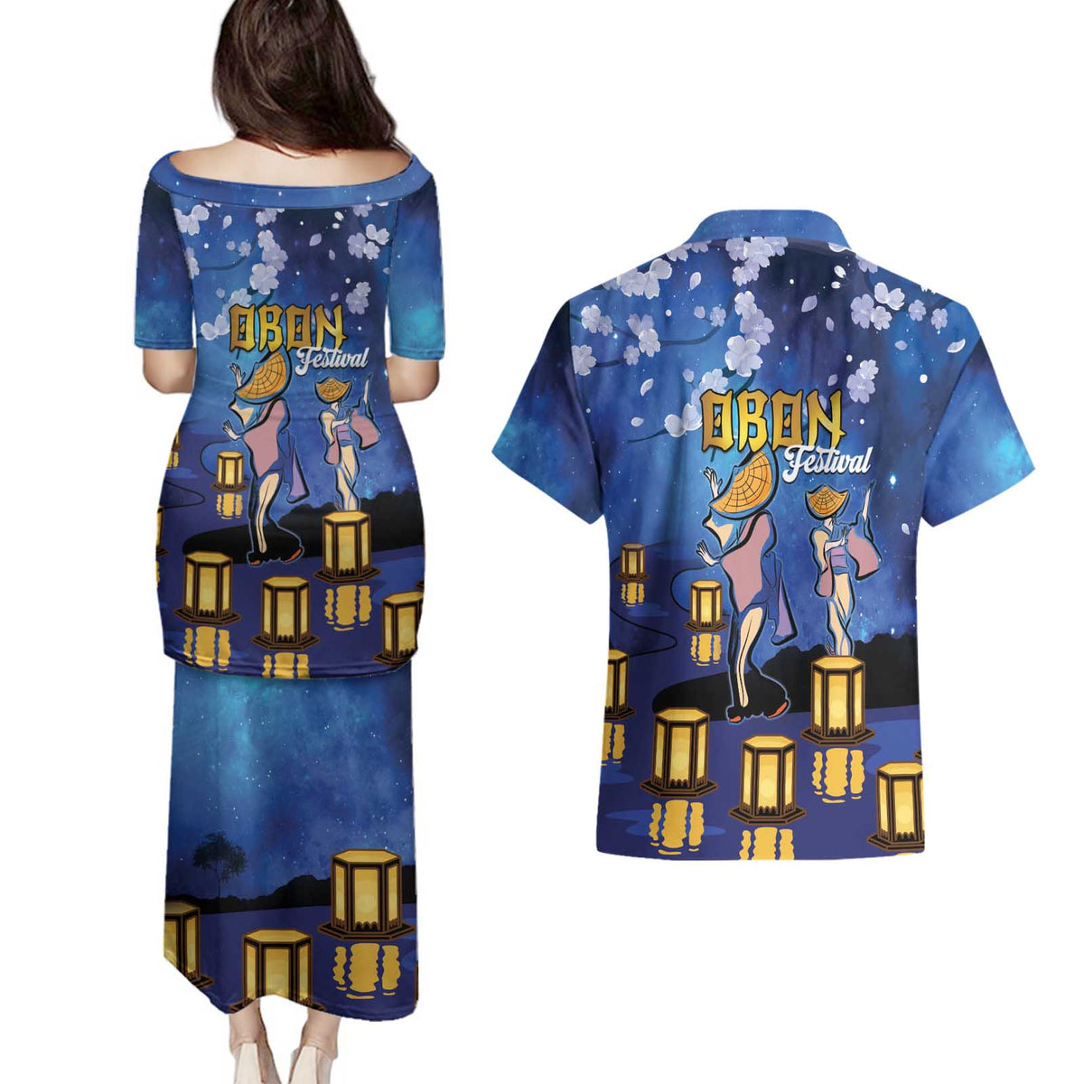 Japan Obon Festival Couples Matching Puletasi and Hawaiian Shirt Sakura Lanterns With Bon Dance - Polynesian Pride