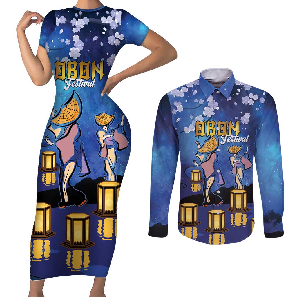 Japan Obon Festival Couples Matching Short Sleeve Bodycon Dress and Long Sleeve Button Shirt Sakura Lanterns With Bon Dance - Polynesian Pride