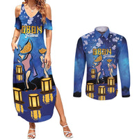 Japan Obon Festival Couples Matching Summer Maxi Dress and Long Sleeve Button Shirt Sakura Lanterns With Bon Dance - Polynesian Pride