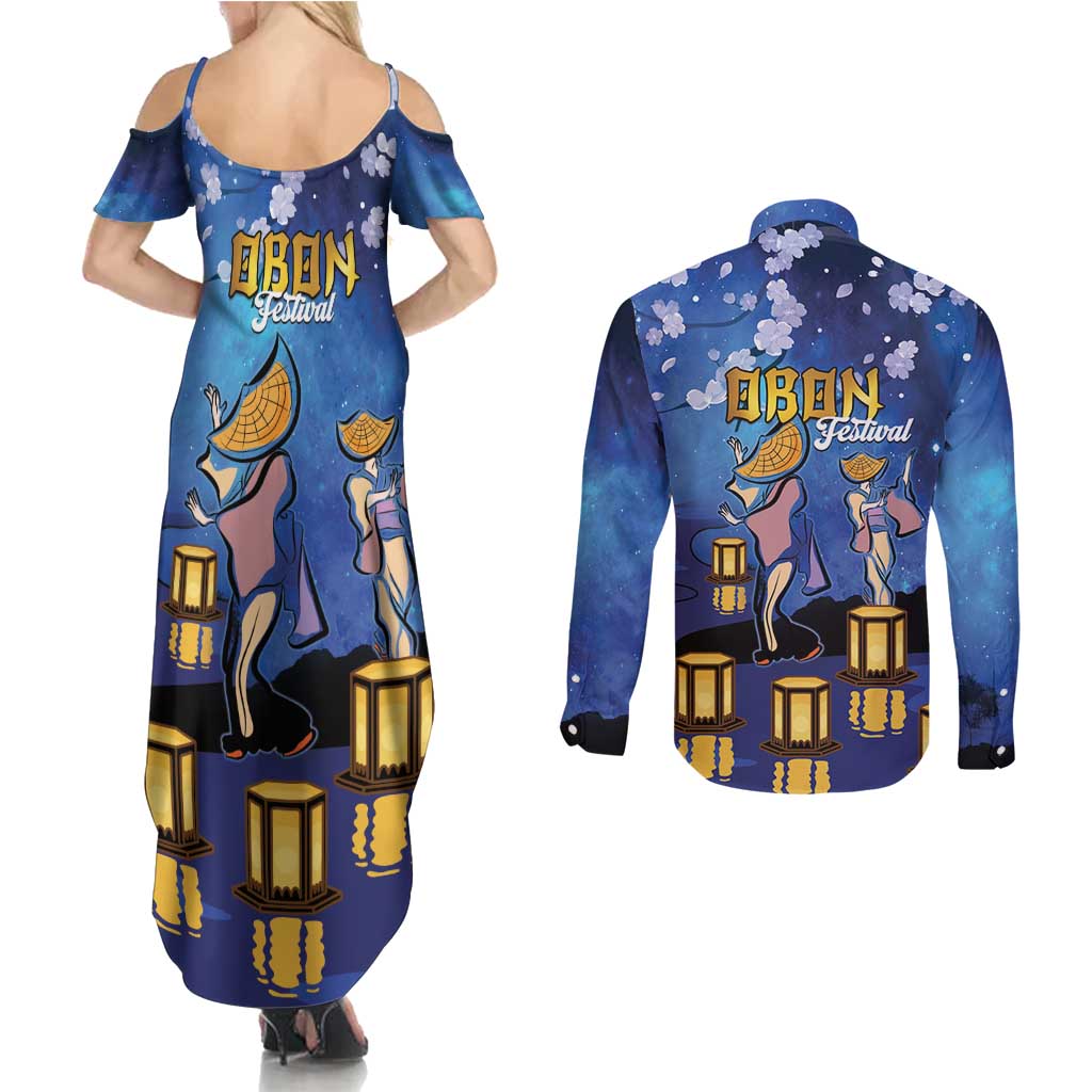 Japan Obon Festival Couples Matching Summer Maxi Dress and Long Sleeve Button Shirt Sakura Lanterns With Bon Dance - Polynesian Pride