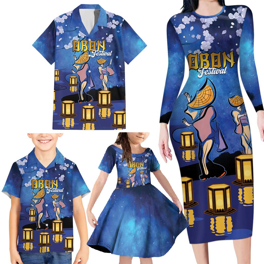 Japan Obon Festival Family Matching Long Sleeve Bodycon Dress and Hawaiian Shirt Sakura Lanterns With Bon Dance LT14 - Polynesian Pride