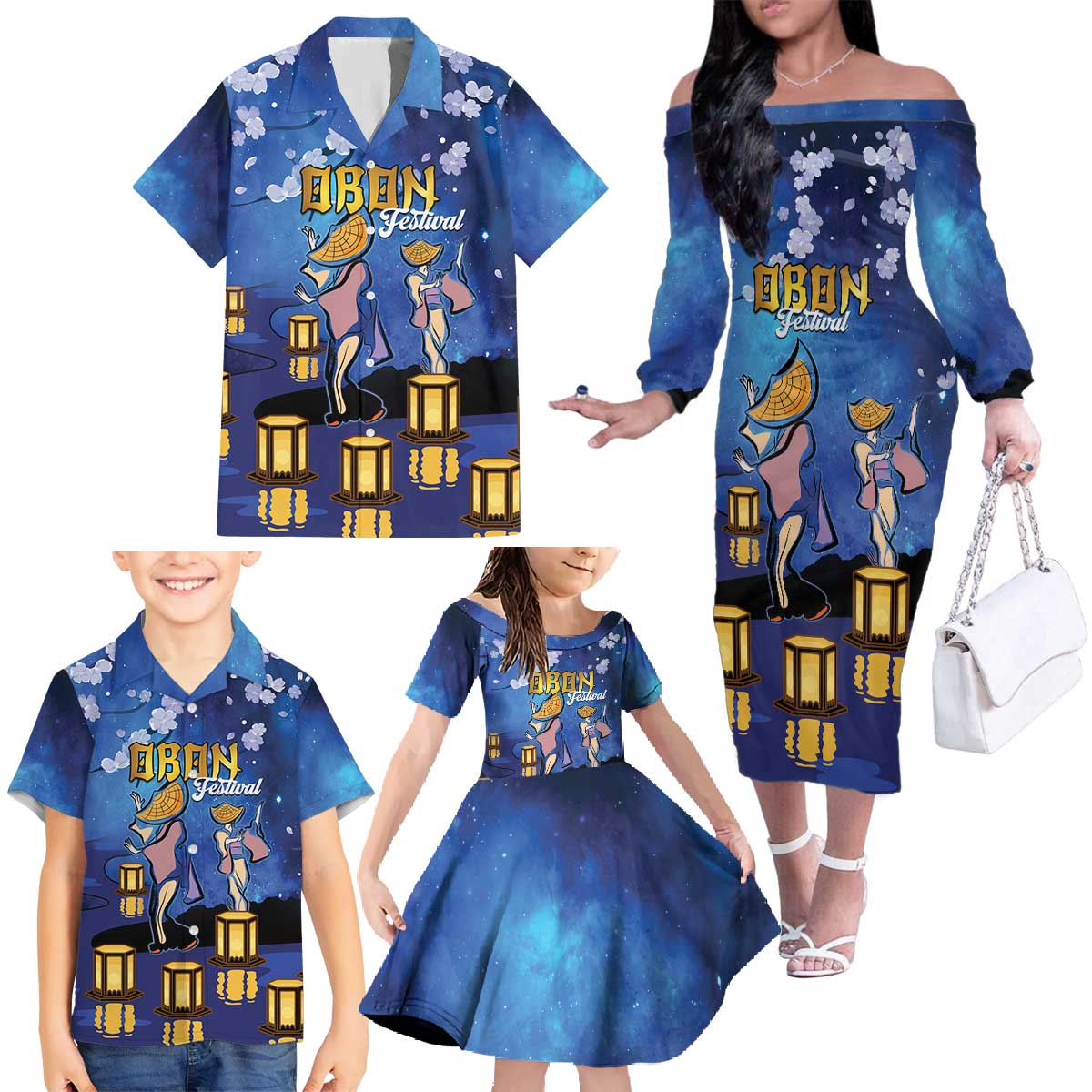 Japan Obon Festival Family Matching Off The Shoulder Long Sleeve Dress and Hawaiian Shirt Sakura Lanterns With Bon Dance - Polynesian Pride