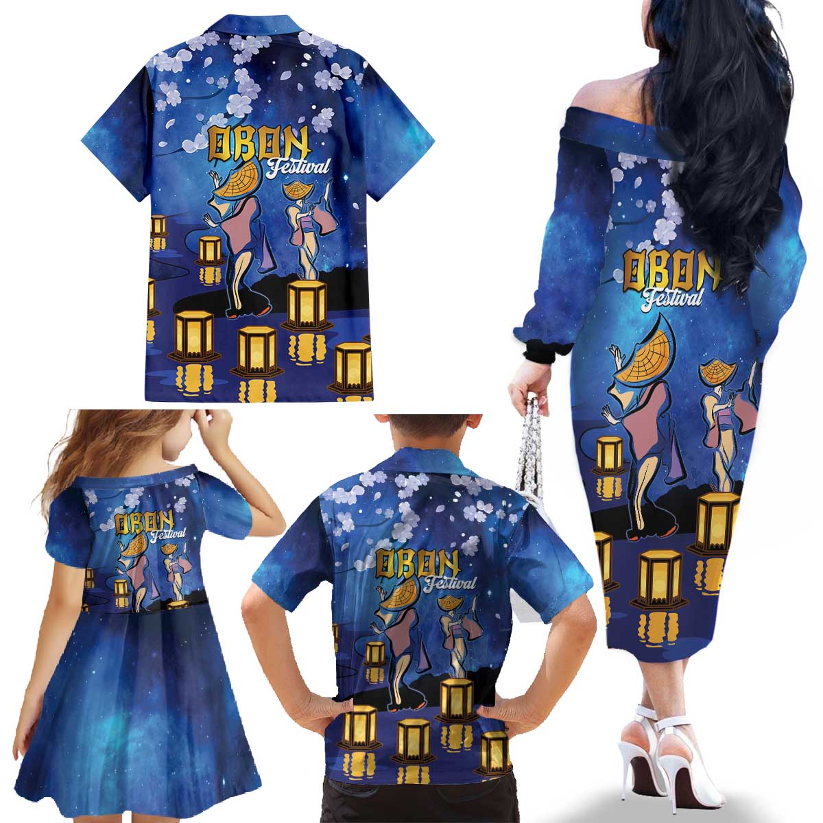 Japan Obon Festival Family Matching Off The Shoulder Long Sleeve Dress and Hawaiian Shirt Sakura Lanterns With Bon Dance - Polynesian Pride