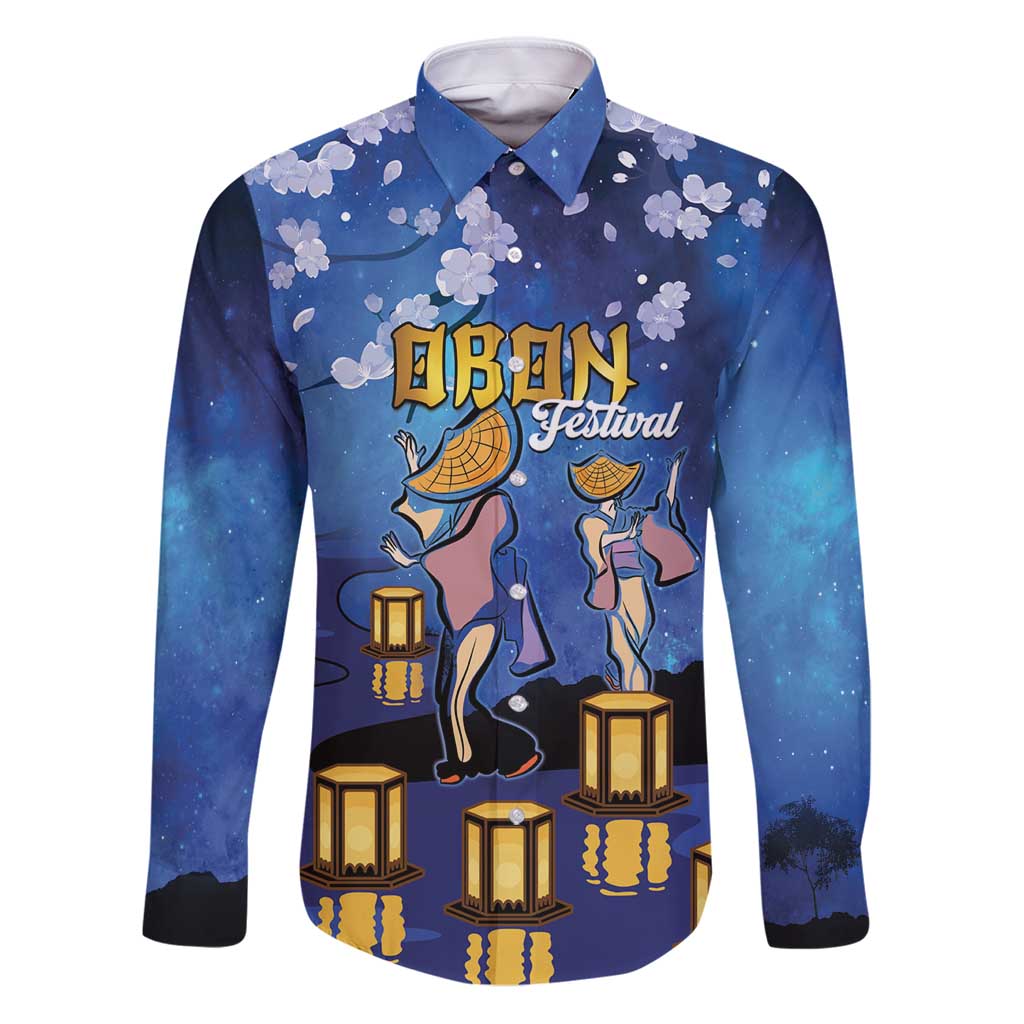 Japan Obon Festival Family Matching Puletasi and Hawaiian Shirt Sakura Lanterns With Bon Dance LT14 Dad's Shirt - Long Sleeve Blue - Polynesian Pride