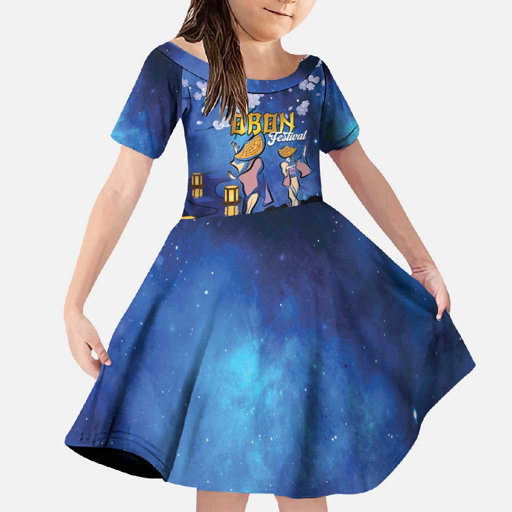 Japan Obon Festival Family Matching Short Sleeve Bodycon Dress and Hawaiian Shirt Sakura Lanterns With Bon Dance LT14 Daughter's Dress Blue - Polynesian Pride