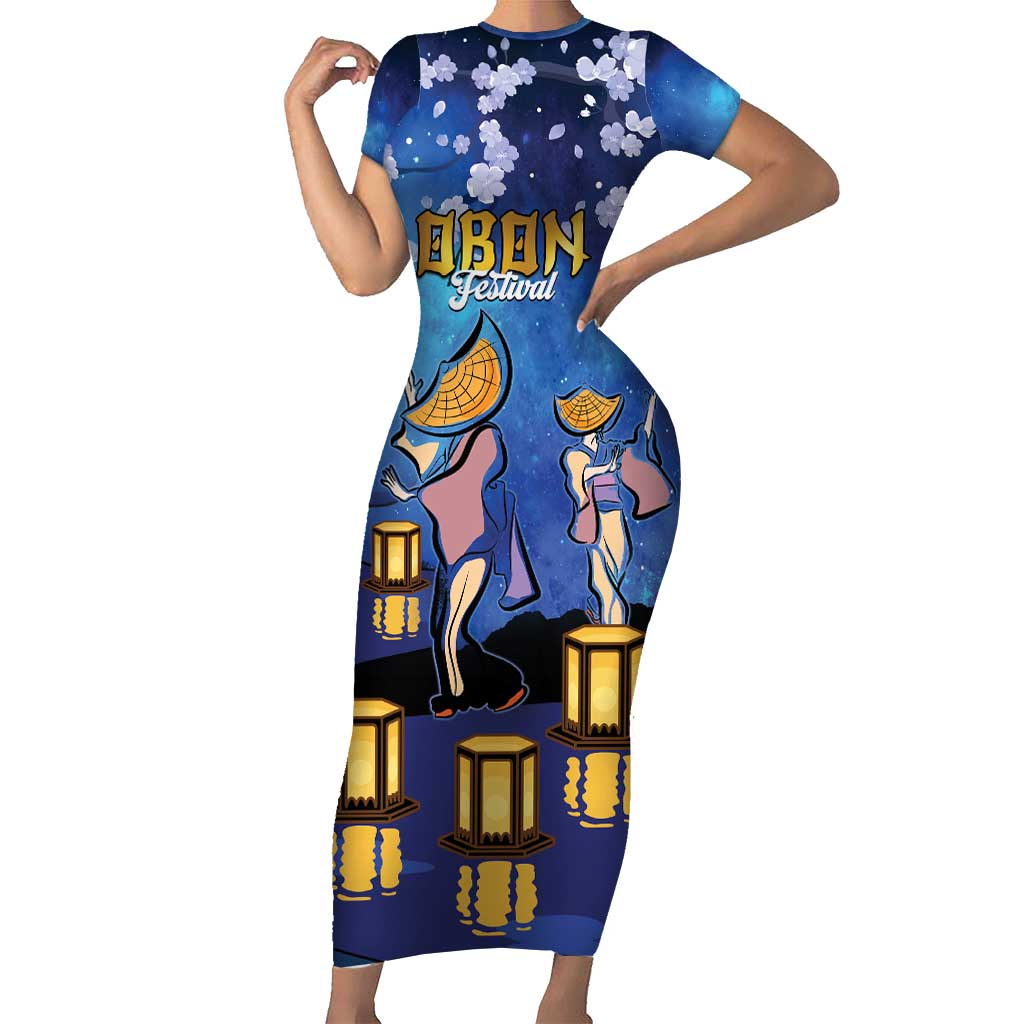 Japan Obon Festival Family Matching Short Sleeve Bodycon Dress and Hawaiian Shirt Sakura Lanterns With Bon Dance LT14 Mom's Dress Blue - Polynesian Pride
