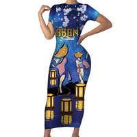 Japan Obon Festival Family Matching Short Sleeve Bodycon Dress and Hawaiian Shirt Sakura Lanterns With Bon Dance LT14 Mom's Dress Blue - Polynesian Pride