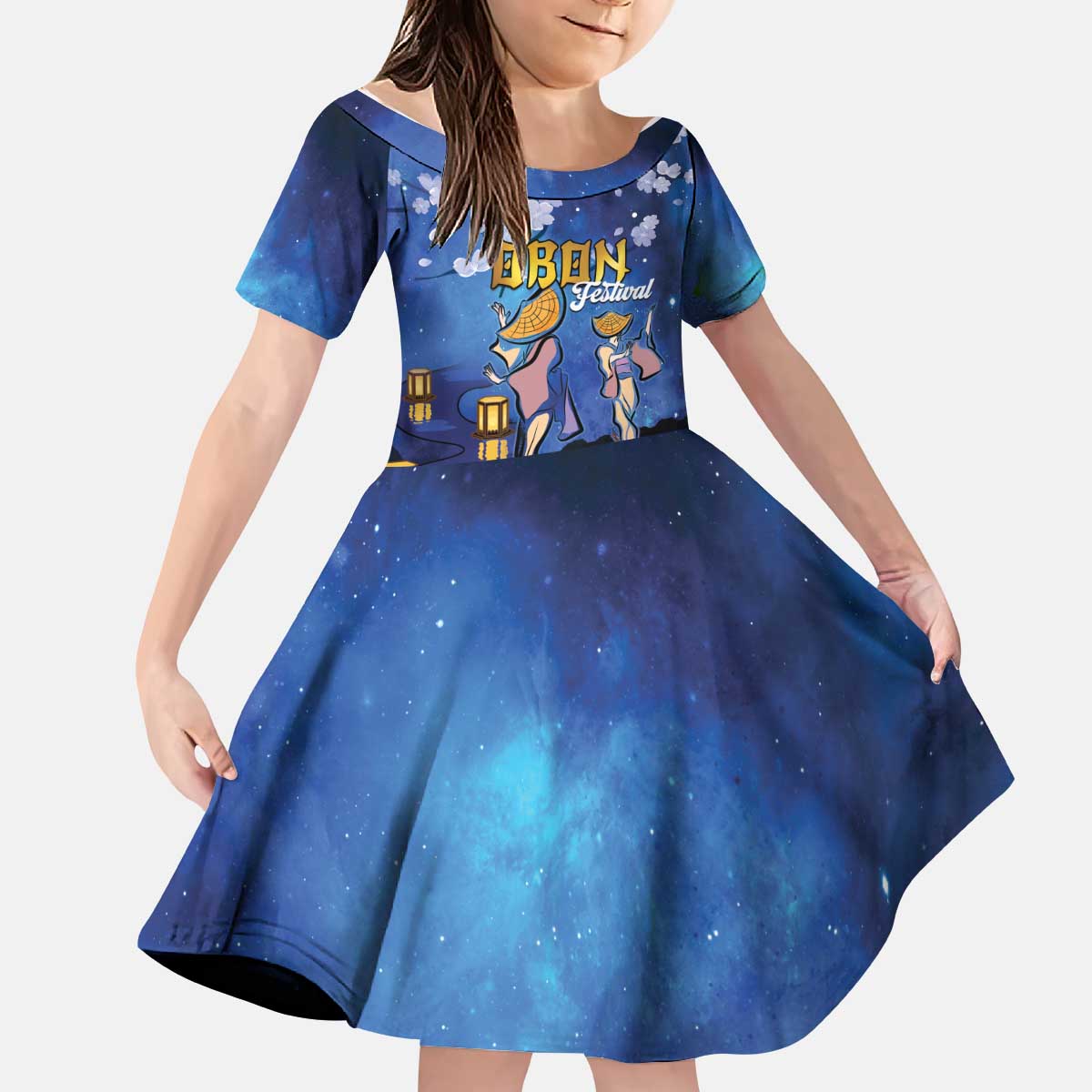 Japan Obon Festival Kid Short Sleeve Dress Sakura Lanterns With Bon Dance - Polynesian Pride