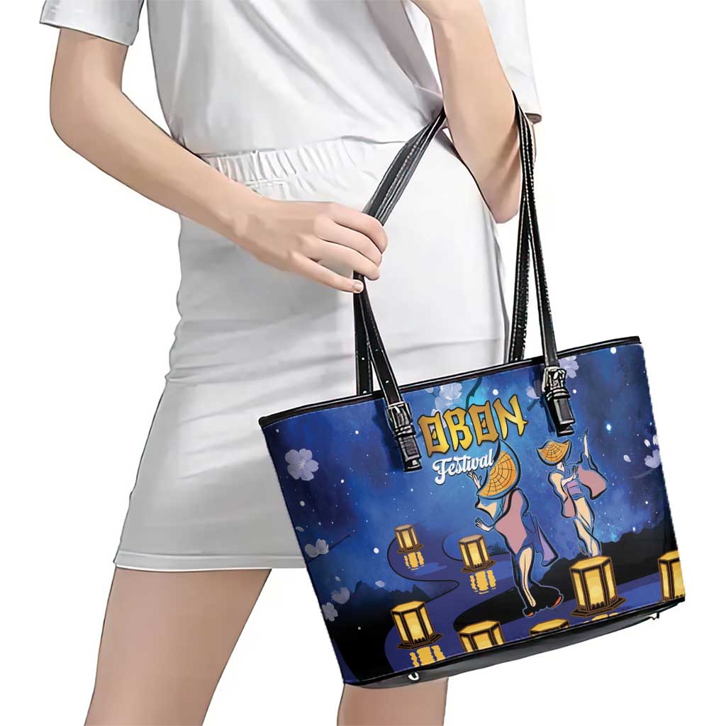Japan Obon Festival Leather Tote Bag Sakura Lanterns With Bon Dance LT14 - Polynesian Pride