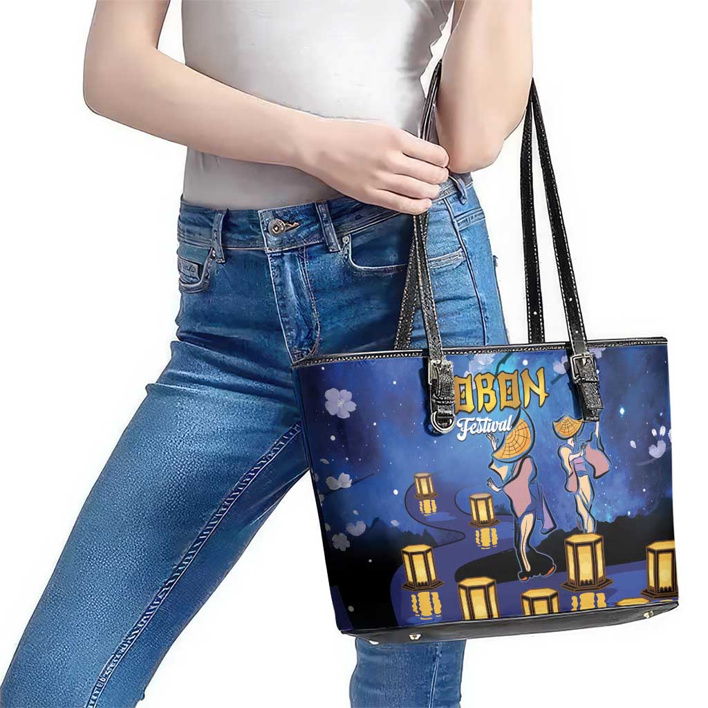 Japan Obon Festival Leather Tote Bag Sakura Lanterns With Bon Dance LT14 - Polynesian Pride