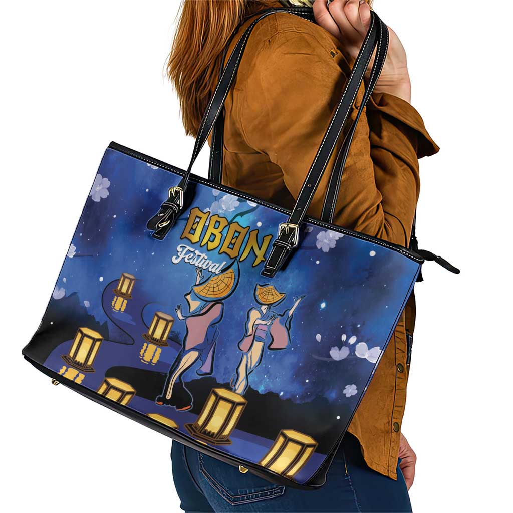 Japan Obon Festival Leather Tote Bag Sakura Lanterns With Bon Dance LT14 - Polynesian Pride