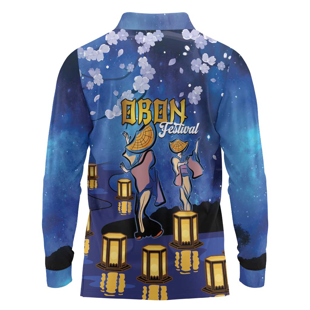 Japan Obon Festival Long Sleeve Polo Shirt Sakura Lanterns With Bon Dance - Polynesian Pride